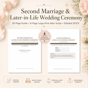 Op de afbeelding: Een digitale gids getiteld Second Marriage & Later-in-Life Wedding Ceremony, inclusief een gids van 20 pagina's en een altaarscript van 8 pagina's in grote letters in DOCX-formaat. Het document bevat secties voor namen en datums.