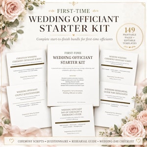 Puede incluir: Un kit de inicio para oficiantes de bodas con 149 páginas imprimibles y plantillas editables. La colección incluye una guía principal, guiones de ceremonia cristianos y modernos, un cuestionario para parejas y una guía de ensayo.