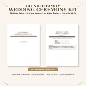 以下が含まれることがあります： ステップファミリー向け結婚式セレモニーキット。22ページのガイドと8ページの大判祭壇スクリプトが含まれています。文書にはパートナー名、子供の名前、挙式日を記入する欄があり、印刷やカスタマイズに関する指示が記載されています。
