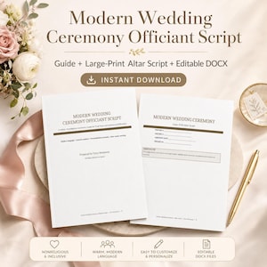 Może przedstawiać: Dwa białe dokumenty papierowe zatytułowane Modern Wedding Ceremony Officiant Script oraz Modern Wedding Ceremony Large-Print Altar Script. Tekst zawiera sekcje na imiona partnerów, datę i szczegóły, obok znajduje się złoty długopis.