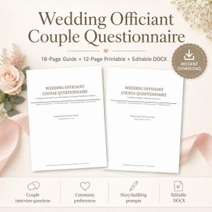 Puede incluir: Un cuestionario para parejas destinado a oficiantes de bodas, que incluye una guía de 18 páginas y un documento imprimible de 12 páginas. Contiene preguntas de entrevista, preferencias de ceremonia y sugerencias para historias.