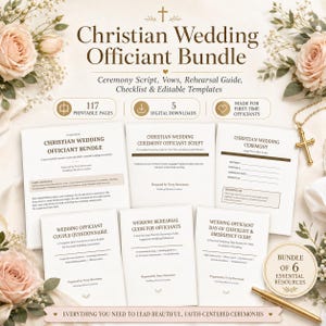 Könnte beinhalten: Ein christliches Hochzeits-Offizianten-Paket mit 117 druckbaren Seiten und 5 digitalen Downloads. Das Set enthält ein Zeremonieskript, Ehegelübde, einen Probenleitfaden, einen Fragebogen für Paare und eine Checkliste, verziert mit Blumen.