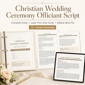 May include: A Christian wedding ceremony officiant script set including a binder, loose pages, and a digital tablet display. The text reads Christian Wedding Ceremony Officiant Script, Large-Print Altar Script, and Instant Download.