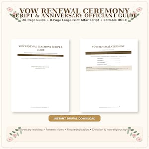 Peut inclure: Un guide de cérémonie de renouvellement de vœux et de célébrant d'anniversaire comprenant un guide de 20 pages, un script d'autel en gros caractères de 8 pages et des fichiers DOCX modifiables pour les vœux et la redédicace des alliances.