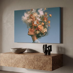 Surreal Floral Woman Canvas Print, Dreamy Botanical Wall Art, Floral Mind Aesthetic Female Portrait, Cloud Head Decor, Boho Bedroom Wall Art