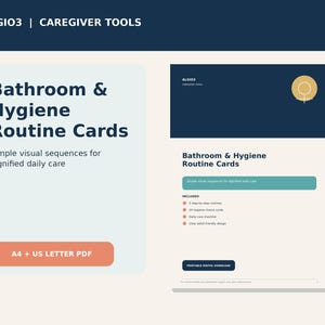 May include: A digital product display for Bathroom & Hygiene Routine Cards by ALGIO3. The design features dark blue and light cream backgrounds with text including 'Simple visual sequences for dignified daily care' and 'A4 + US LETTER PDF'.