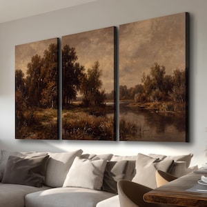 Vintage höstlandskap väggkonst set om 3, stämningsfull skogsflod oljemålning canvas, Dark Academia triptyk, rustik lantlig inredning