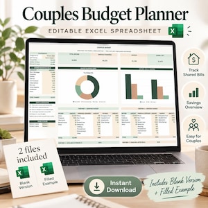 Hoja de cálculo de presupuesto para parejas / Planificador de Excel de 12 meses / Gastos compartidos - División 50/50