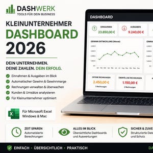Könnte beinhalten: Ein Laptop-Bildschirm mit einem Kleinunternehmer-Dashboard 2026 für Microsoft Excel. Die Benutzeroberfläche zeigt Finanzdaten wie Einnahmen, Ausgaben, Gewinn und Gewinnmarge sowie Linien- und Balkendiagramme zur monatlichen Leistungsübersicht und Kundendaten.