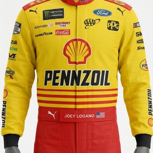 May include: A yellow and red racing suit featuring the Pennzoil logo on the chest and sleeves. The suit includes various sponsor logos such as Ford, Monster Energy, Goodyear, and Coca-Cola. A belt displays the name Joey Logano with a US flag.