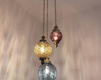 Vintage 1960s  MCM 3-Tier Multi-Color Glass Swag Pendant Light