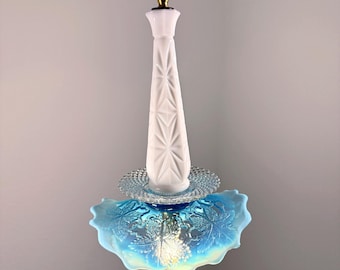Upcycled Vintage Glass Pendant Light, Plug-In Hanging Lamp, Northwood Opalescent Blue & Milk Glass, Handcrafted