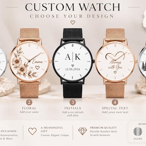 Può includere: Cinque orologi da polso personalizzati con cinturini in maglia color argento, oro rosa e nero. I quadranti presentano design unici tra cui una farfalla, un motivo floreale, iniziali con data, un cuore con testo e un paesaggio montano.