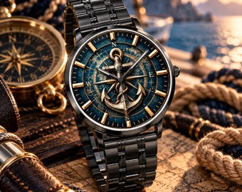 May include: A black metal wristwatch featuring a dark blue dial with a gold anchor and compass rose design. The watch has gold hour markers and cardinal direction letters N, E, S, and W. It is attached to a black link bracelet band.