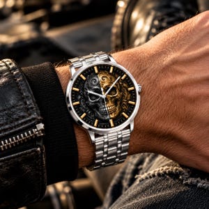 Könnte beinhalten: Eine silberfarbene analoge Armbanduhr mit einem Gliederarmband aus Edelstahl. Das Zifferblatt zeigt ein zweifarbiges Design mit einem schwarz-silbernen Totenkopf links und einem goldfarbenen Totenkopf rechts, akzentuiert durch goldene Indizes.