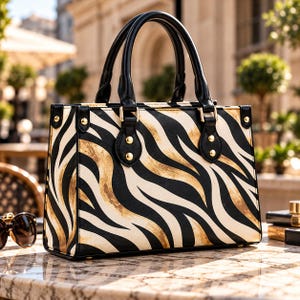 Può includere: Una borsa strutturata con un motivo a strisce zebrate nero, bianco e oro metallizzato. La borsa presenta due manici superiori neri, finiture in metallo dorato e bordi neri. Il design include borchie dorate alla base dei manici.