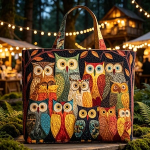 May include: A rectangular tote bag featuring a quilted fabric design with a dense pattern of colorful owls in shades of blue, orange, yellow, green, and brown against a dark background, complete with two matching fabric handles.