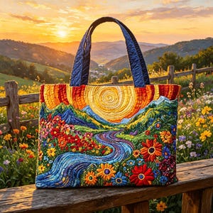 Könnte beinhalten: Eine rechteckige, gesteppte Tragetasche mit einer lebendigen Landschaftsszene, die einen geschwungenen blauen Fluss, bunte Wildblumen, grüne Hügel und eine große gelbe Sonne zeigt. Die Tasche hat zwei dunkelblaue, gesteppte Tragegriffe.