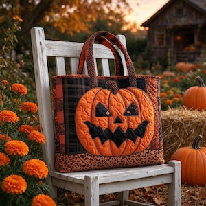 Handgefertigte, gesteppte Tragetasche mit Kürbis-Laternen-Print, karierte Leoparden-Patchwork-Schultertasche aus Canvas, Herbst- und Halloween-Einkaufstasche