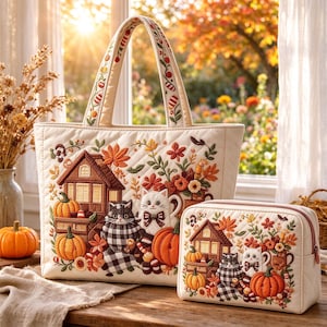 Könnte beinhalten: Eine gesteppte cremefarbene Tragetasche und eine passende rechteckige Tasche mit aufwendiger Stickerei eines braunen Hauses, orangefarbenen Kürbissen, Herbstblättern und zwei Katzen, eine davon mit Karomuster, sowie floralen Akzenten an den Griffen.