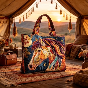 May include: A quilted tote bag featuring a vibrant, multi-coloured horse head illustration against a dark blue background with autumn leaves, a crescent moon, and feathers. The bag has two sturdy handles and a rectangular shape with detailed stitching.