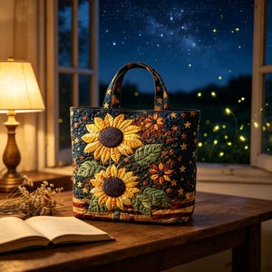 Könnte beinhalten: Eine gesteppte Tragetasche mit dunkelblauem Hintergrund, gelben Sonnenblumen, grünen Blättern und kleinen gelben Sternen. Der untere Teil der Tasche zeigt ein horizontales Streifenmuster in Rot, Weiß und Blau sowie zwei passende Stoffhenkel.