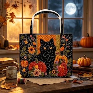 May include: A black tote bag featuring a quilted design with a central black cat silhouette, orange pumpkins, and colourful floral accents. The bag has two sturdy handles and a dark background with a subtle star pattern, showcasing a seasonal theme.