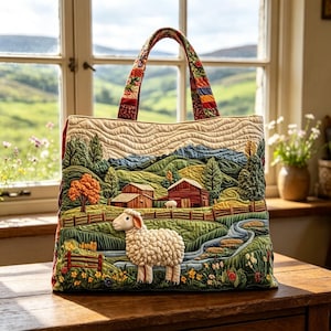 May include: A quilted tote bag featuring a landscape scene with a white sheep in the foreground, a winding blue stream, green rolling hills, and red barns. The bag has two patterned fabric handles and a textured, stitched surface design.