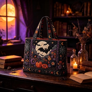 Può includere: Una borsa tote trapuntata nera con un ricamo raffigurante una grande luna color crema con pipistrelli neri, una zucca arancione brillante e motivi floreali colorati. La borsa presenta due manici e pannelli laterali decorati con ragnatele e lune.