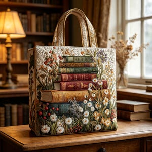 Op de afbeelding: Een gewatteerde tas met een borduursel van een stapel oude boeken omringd door wilde bloemen en madeliefjes. De crèmekleurige stof heeft een gestructureerd stikpatroon en de tas is voorzien van twee stevige, bijpassende hengsels.