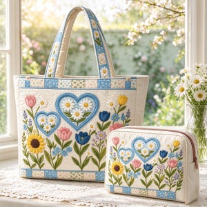 May include: A quilted tote bag and a matching rectangular zippered pouch, both featuring an off-white fabric base with embroidered floral motifs, including sunflowers, tulips, and daisies, alongside two blue heart-shaped daisy patterns.