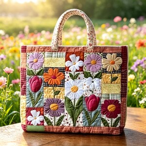Op de afbeelding: Een rechthoekige gewatteerde draagtas met een patchworkontwerp van verschillende stoffen vierkanten. Het oppervlak toont geappliqueerde bloemmotieven, waaronder madeliefjes, tulpen en zonnebloemen in tinten roze, oranje, wit en paars met groene stelen.