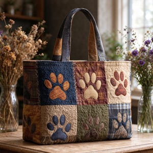 May include: A rectangular quilted tote bag featuring a patchwork design of various fabric squares in shades of blue, brown, and olive green. Each square is decorated with a prominent fabric paw print appliqué and detailed with intricate stitching.