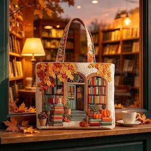 Op de afbeelding: Een crèmekleurige tote bag met een gedetailleerd doorgestikt ontwerp van een boekwinkelingang met boekenplanken, stapels kleurrijke boeken, potplanten en oranje pompoenen, geaccentueerd door geborduurde herfstbladeren en handvatten met patroon.