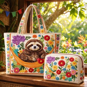 May include: A cream-colored quilted tote bag and a matching rectangular zippered pouch. Both items feature vibrant, multi-colored floral embroidery and a central illustration of a brown sloth resting in a yellow hammock on the tote bag.