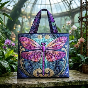Könnte beinhalten: Eine gesteppte Tragetasche mit einer großen, leuchtenden Libelle mit violetten, rosa und orangefarbenen Flügeln. Der Hintergrund ist tiefblau mit komplizierten goldenen Schnörkelmustern. Die Tasche hat zwei passende gesteppte Griffe und eine rechteckige Form.