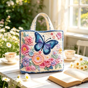 May include: A quilted tote bag featuring a large central blue and purple butterfly surrounded by embroidered pink, purple, and orange flowers. The bag has two top handles, a cream-coloured quilted base, and a blue crocheted border trim.