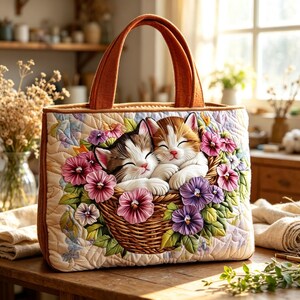 May include: A quilted tote bag featuring a central embroidered design of two kittens sleeping inside a woven basket surrounded by pink and purple flowers. The bag has a light cream quilted background and two sturdy brown fabric handles.