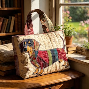 May include: A quilted tote bag featuring a patchwork dachshund appliqué on a cream-colored floral background. The dog is constructed from various patterned fabric segments in shades of red, green, blue, and yellow. It has two matching fabric handles.