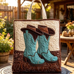 May include: A quilted tote bag featuring an appliqué design of two turquoise cowboy boots with brown accents. The background is cream-coloured with swirling stitched patterns, and the bottom section is brown with decorative stitching and two handles.