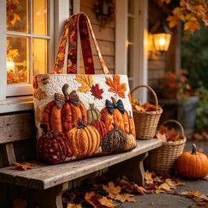 May include: A quilted tote bag featuring a cream background with a colorful print of various pumpkins, autumn leaves, and small bows. The bag has two long fabric handles and a rectangular shape, showcasing a detailed seasonal harvest pattern.