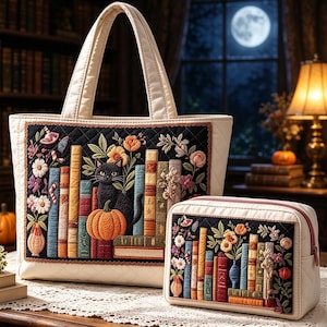 Op de afbeelding: Een crèmekleurige gewatteerde tas en een bijpassend rechthoekig tasje met rits. Beide items hebben een zwart stoffen paneel met borduurwerk van een zwarte kat, een oranje pompoen, kleurrijke boeken en diverse bloemstukken in levendige draad.