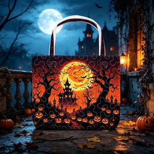 Op de afbeelding: Een draagtas met een levendige Halloween-print van een donker kasteelsilhouet tegen een grote oranje volle maan, omringd door kale bomen, vliegende vleermuizen en een voorgrond vol gloeiende pompoenen met een puzzelstukjespatroon.
