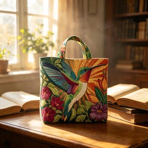 Könnte beinhalten: Eine gesteppte Tragetasche mit einer lebendigen Stickerei eines fliegenden Kolibris, umgeben von bunten Blumen und einem Sonnenstrahlenmuster. Die Tasche hat zwei Stoffgriffe und zeigt ein detailliertes, mehrfarbiges Design in Grün-, Rot-, Orange- und Violetttönen.
