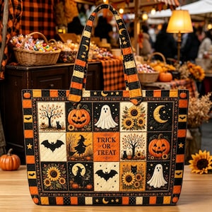 Op de afbeelding: Een gewatteerde draagtas met een rasterpatroon van Halloween-illustraties, waaronder pompoenen, geesten, vleermuizen, heksen, zonnebloemen en zwarte katten. Het middelste paneel bevat de tekst "TRICK OR TREAT" in zwarte letters op een oranje achtergrond.