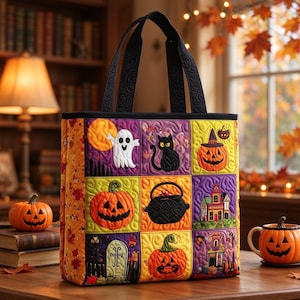 Handmade Quilted Tote Bag, Halloween Patchwork Print, Ghost Black Cat Pumpkin Haunted House Canvas Shoulder Shopping Tote