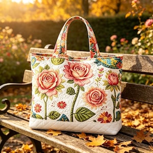 May include: A quilted tote bag featuring a white background with a vibrant floral pattern of large pink roses, green leaves, and smaller red flowers. The bag has two matching fabric handles and a solid white quilted base with a diamond stitch pattern.
