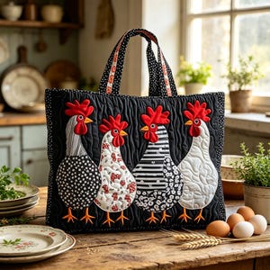 May include: A black quilted tote bag featuring four appliqued chickens with red combs and wattles. Each chicken has a distinct pattern including black and white floral, red floral, horizontal stripes, and white swirls. The bag has black polka dot handles.