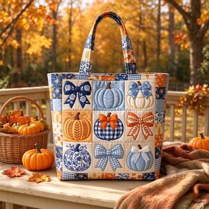 Patchwork Pumpkin Bow Quilted Tote Bag, Fall Gingham Pumpkin Tote, Cottagecore Autumn Shopping Bag