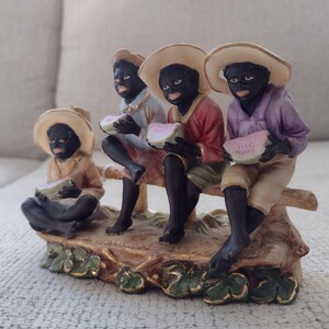 Vintage Ceramic Figurine, Four Boys on Fence Eating Watermelon, Hand-Painted Mid-Century Decor